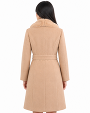 BRAVON women's belted fur collar long coat Beige back view