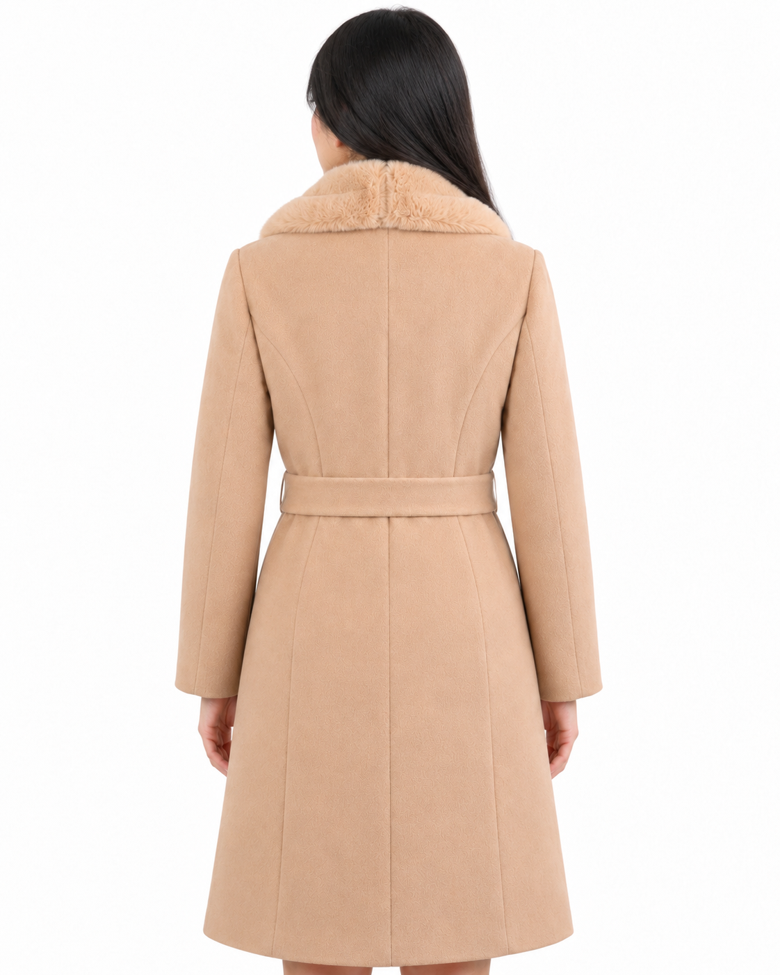 BRAVON women's belted fur collar long coat Beige back view
