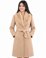 BRAVON women's belted fur collar long coat Beige front view