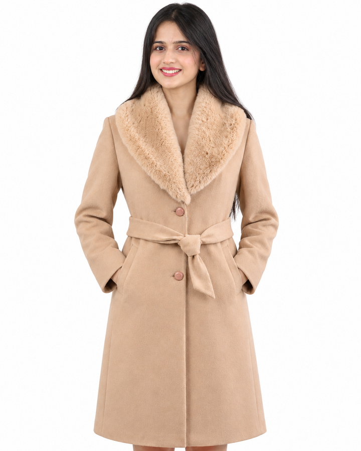 BRAVON women's belted fur collar long coat Beige front view