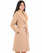 BRAVON women's belted fur collar long coat Beige side view