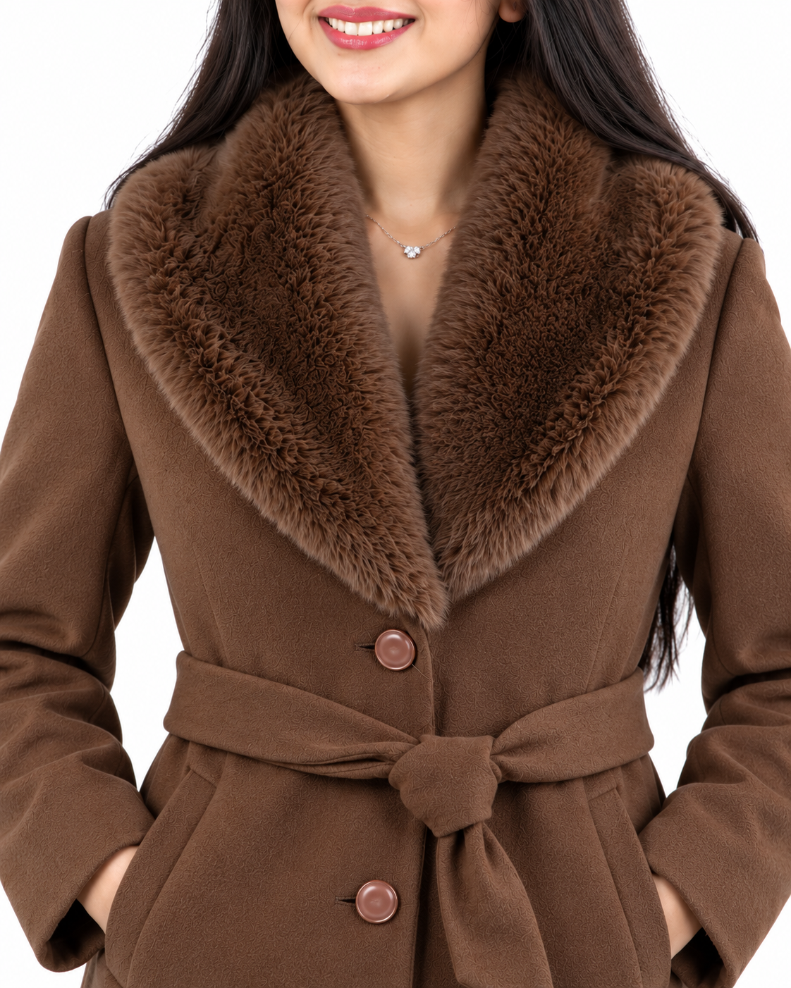 BRAVON women's belted fur collar long coat Chocolate Brown collar detail view