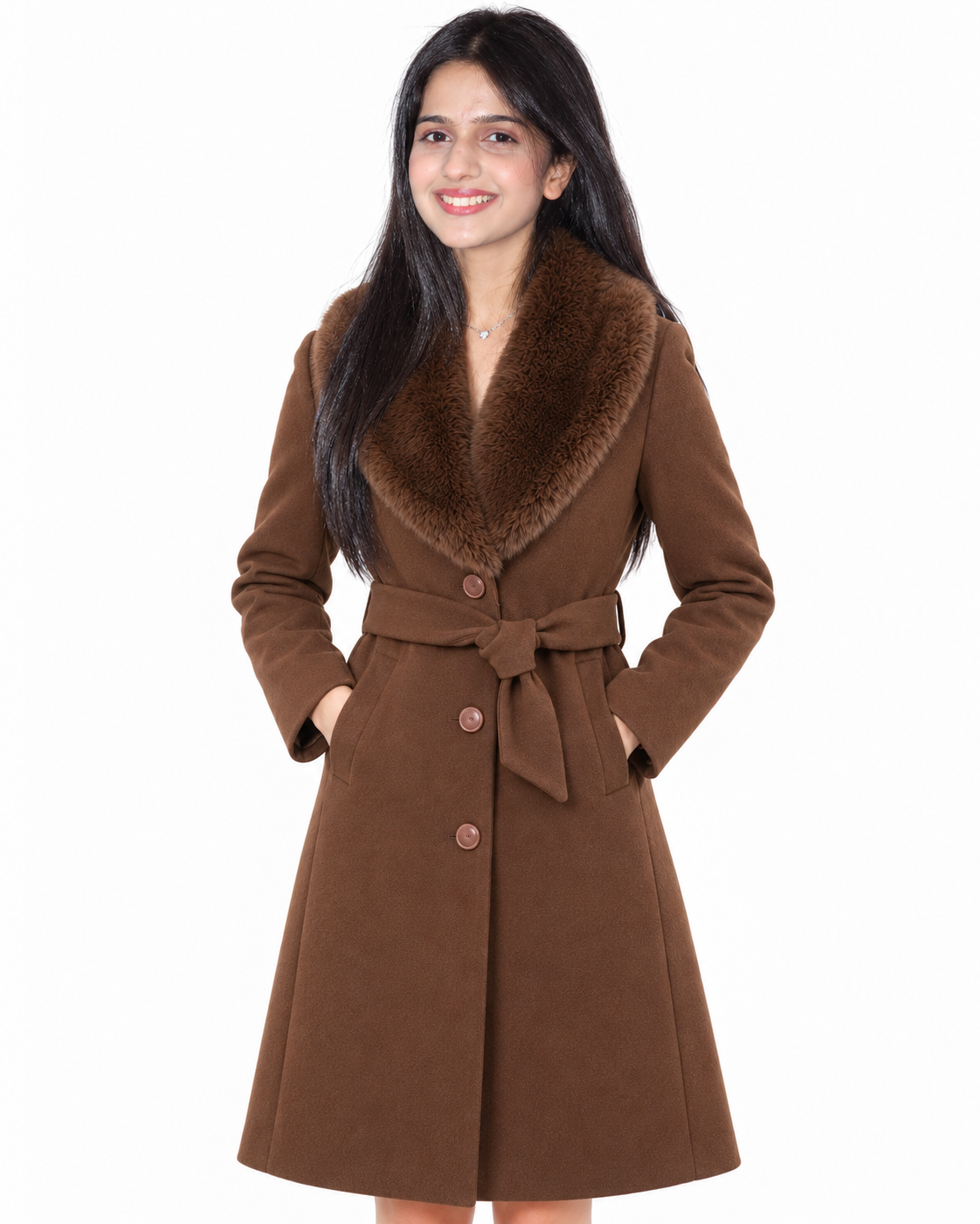BRAVON women's belted fur collar long coat Chocolate Brown front view