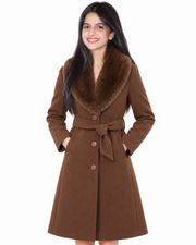 BRAVON women's belted fur collar long coat Chocolate Brown front view