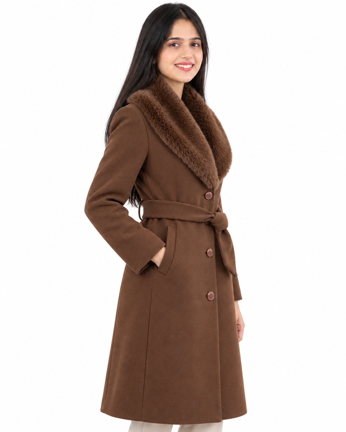 BRAVON women's belted fur collar long coat Chocolate Brown side view