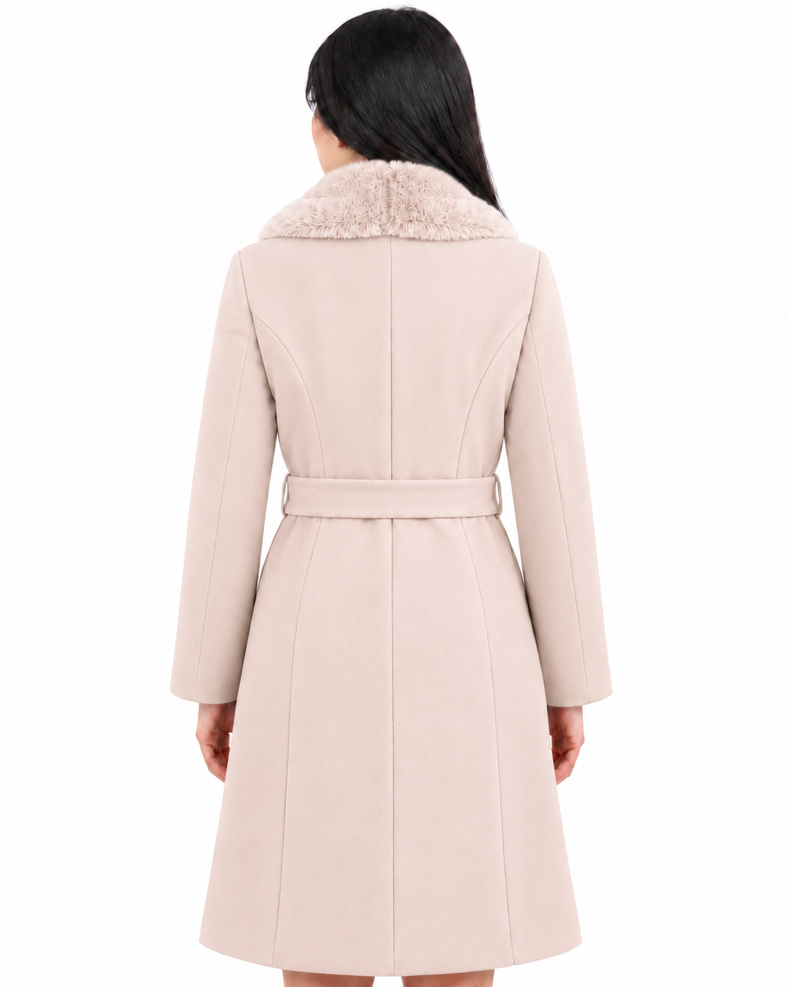 BRAVON women's belted fur collar long coat Milky Cream back view