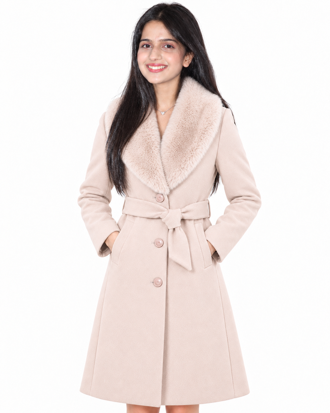 BRAVON women's belted fur collar long coat Milky Cream front view