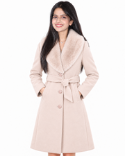 BRAVON women's belted fur collar long coat Milky Cream front view