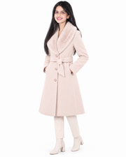 BRAVON women's belted fur collar long coat Milky Cream side view