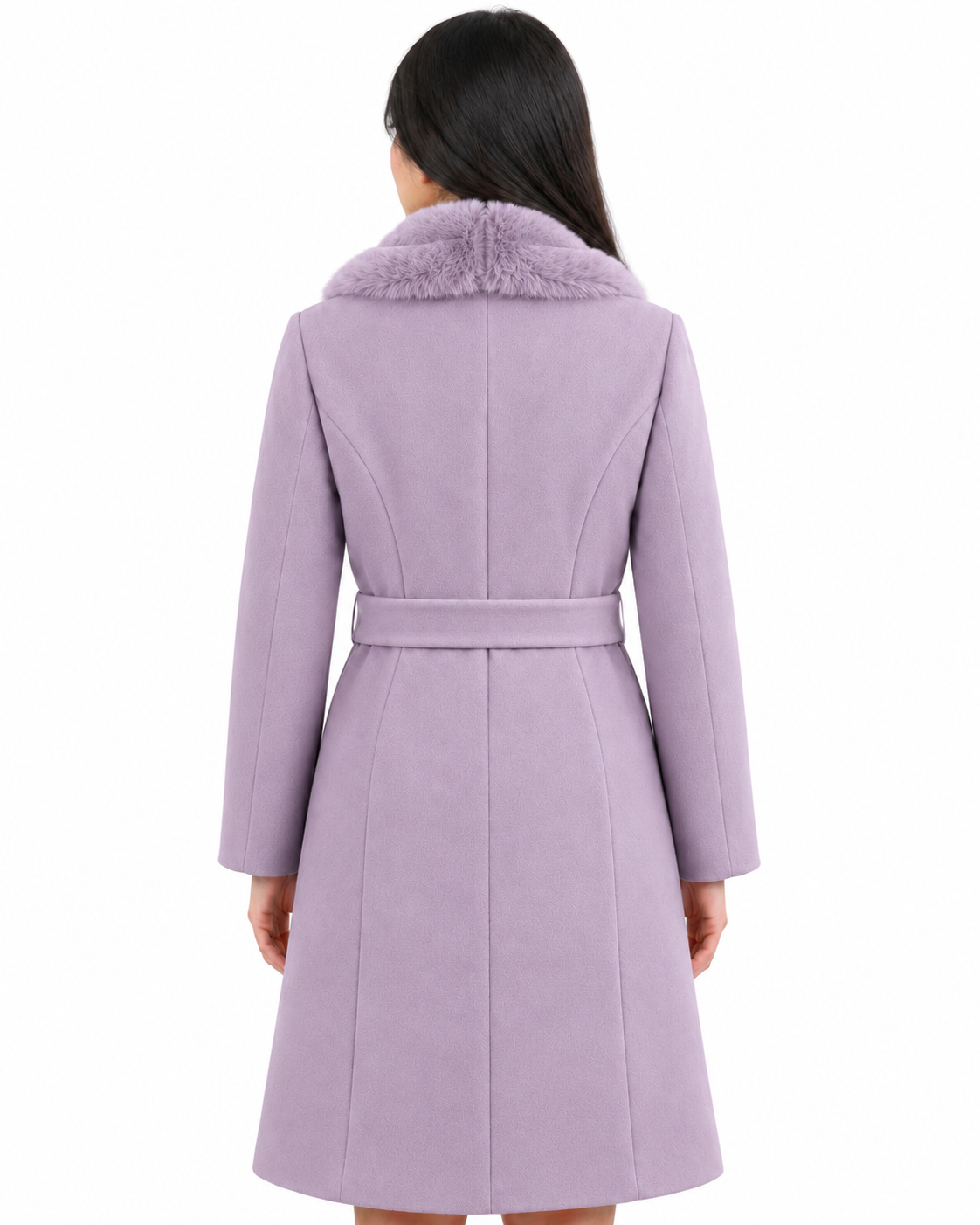 BRAVON women's belted fur collar long coat Lavender back view