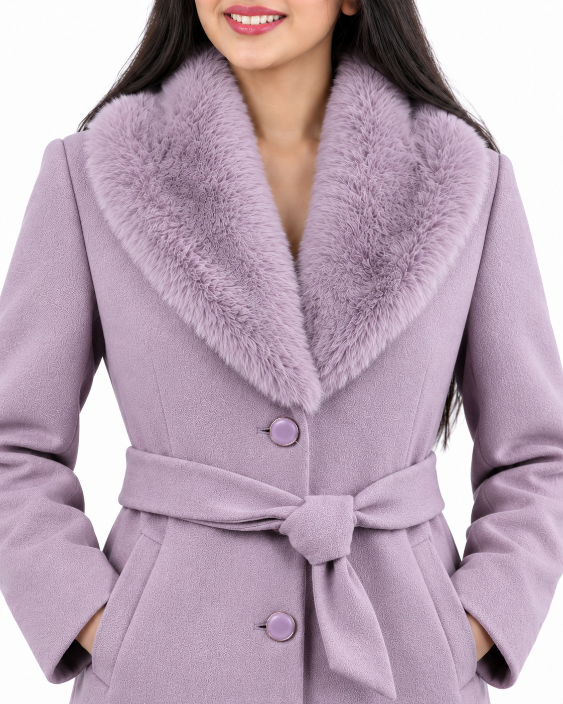 BRAVON women's belted fur collar long coat Lavender collar detail view