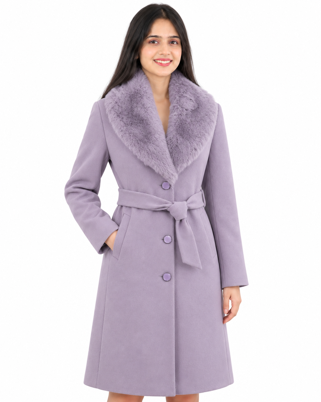 BRAVON women's belted fur collar long coat Lavender front view