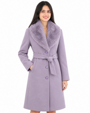BRAVON women's belted fur collar long coat Lavender front view