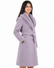 BRAVON women's belted fur collar long coat Lavender side view