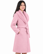 BRAVON women's belted fur collar long coat Blush Pink angled front view