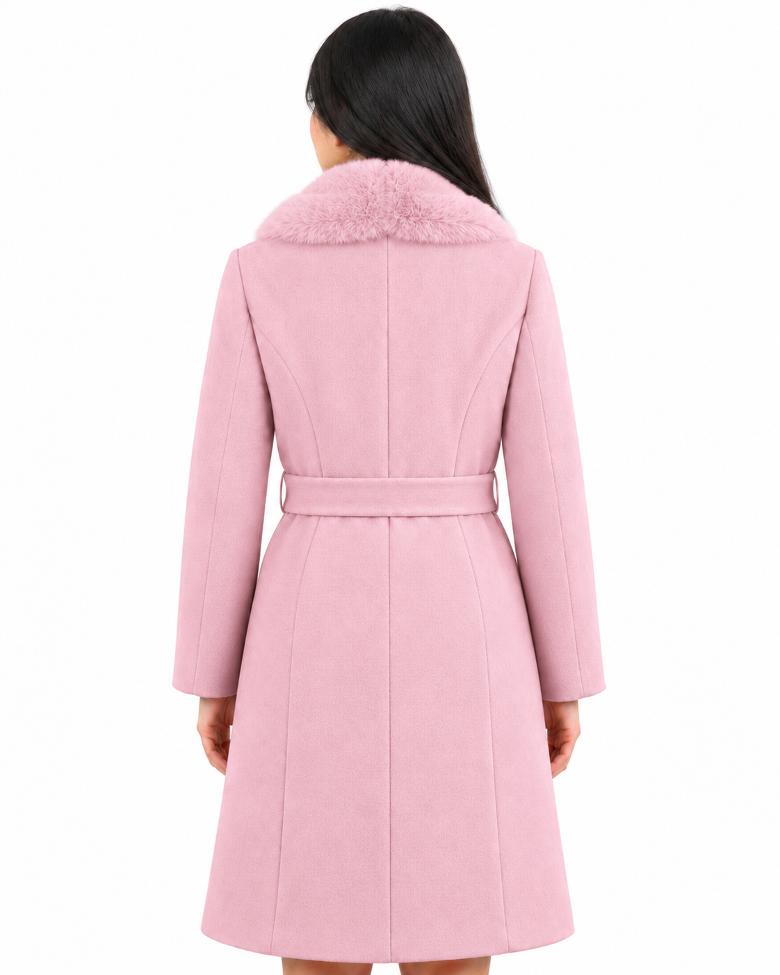 BRAVON women's belted fur collar long coat Blush Pink back view