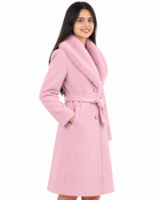 BRAVON women's belted fur collar long coat Blush Pink side view