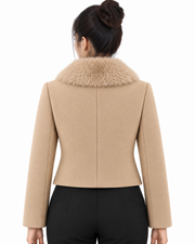 BRAVON women's Beige fur-collar short coat back view