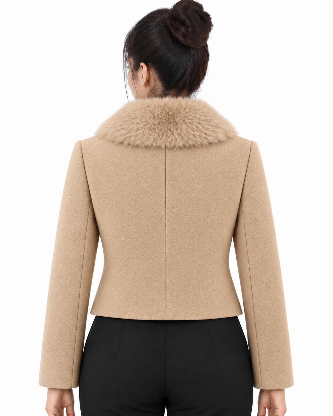 BRAVON women's Beige fur-collar short coat back view
