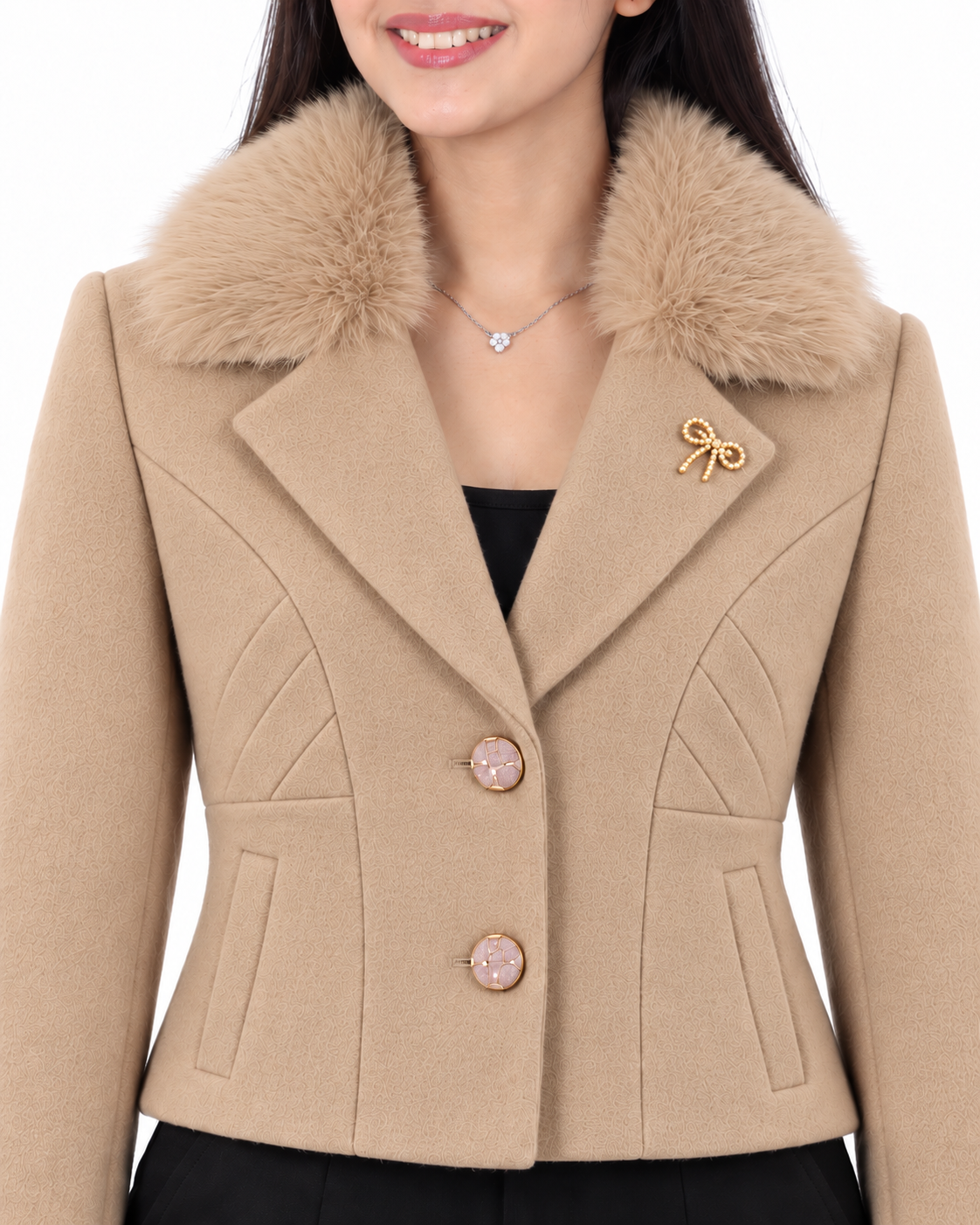 BRAVON women's Beige fur-collar short coat detail view