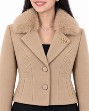 BRAVON women's Beige fur-collar short coat detail view