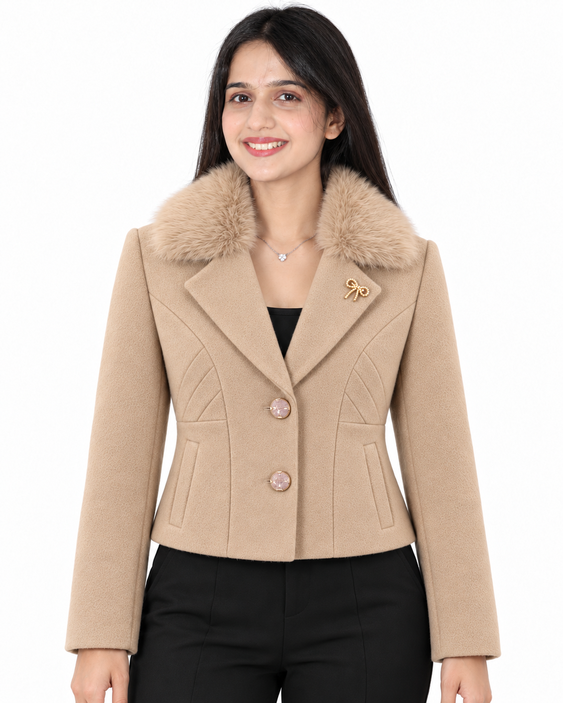 BRAVON women's Beige fur-collar short coat front view