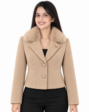 BRAVON women's Beige fur-collar short coat front view