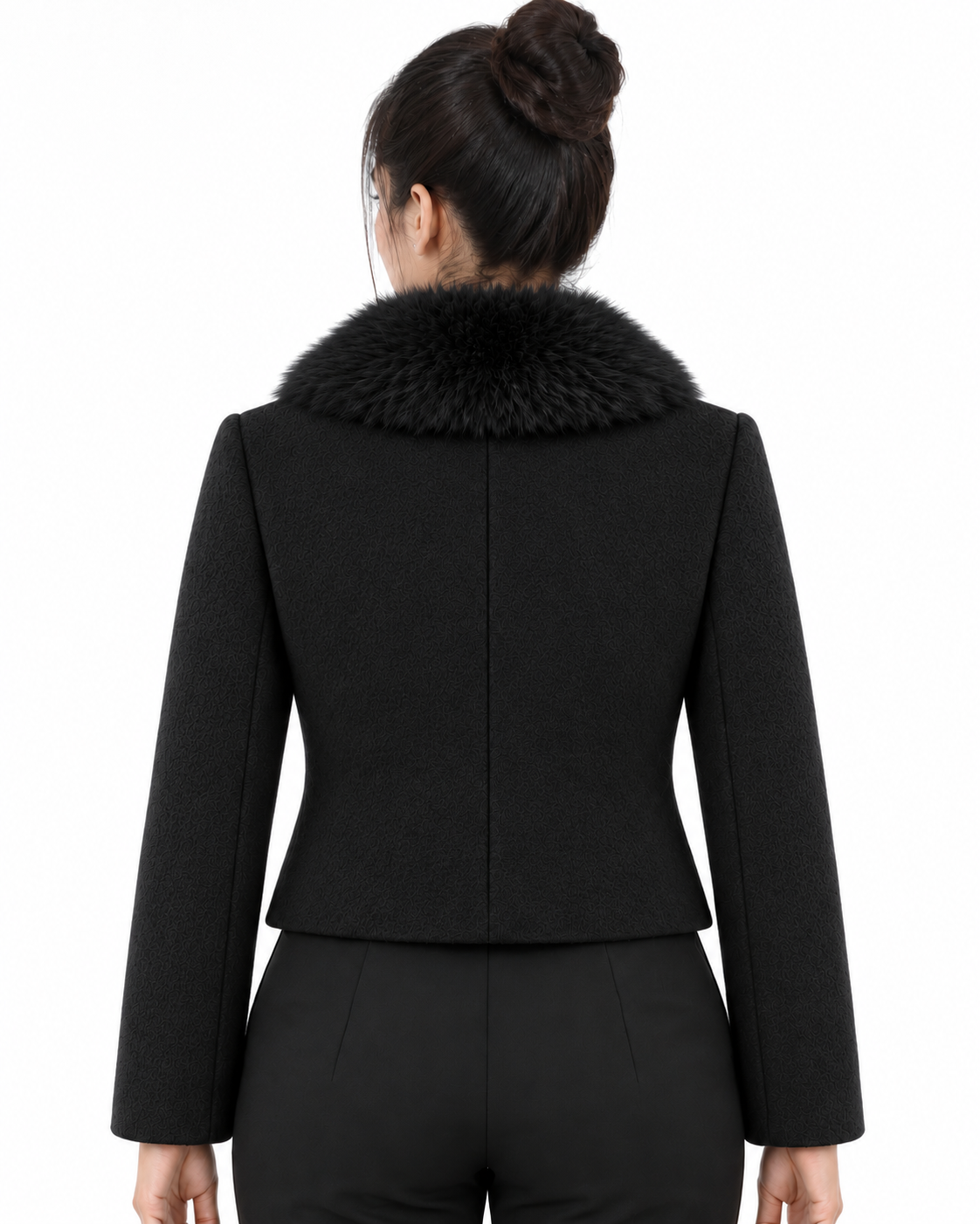 BRAVON women's Black fur-collar short coat back view
