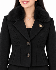 BRAVON women's Black fur-collar short coat detail view