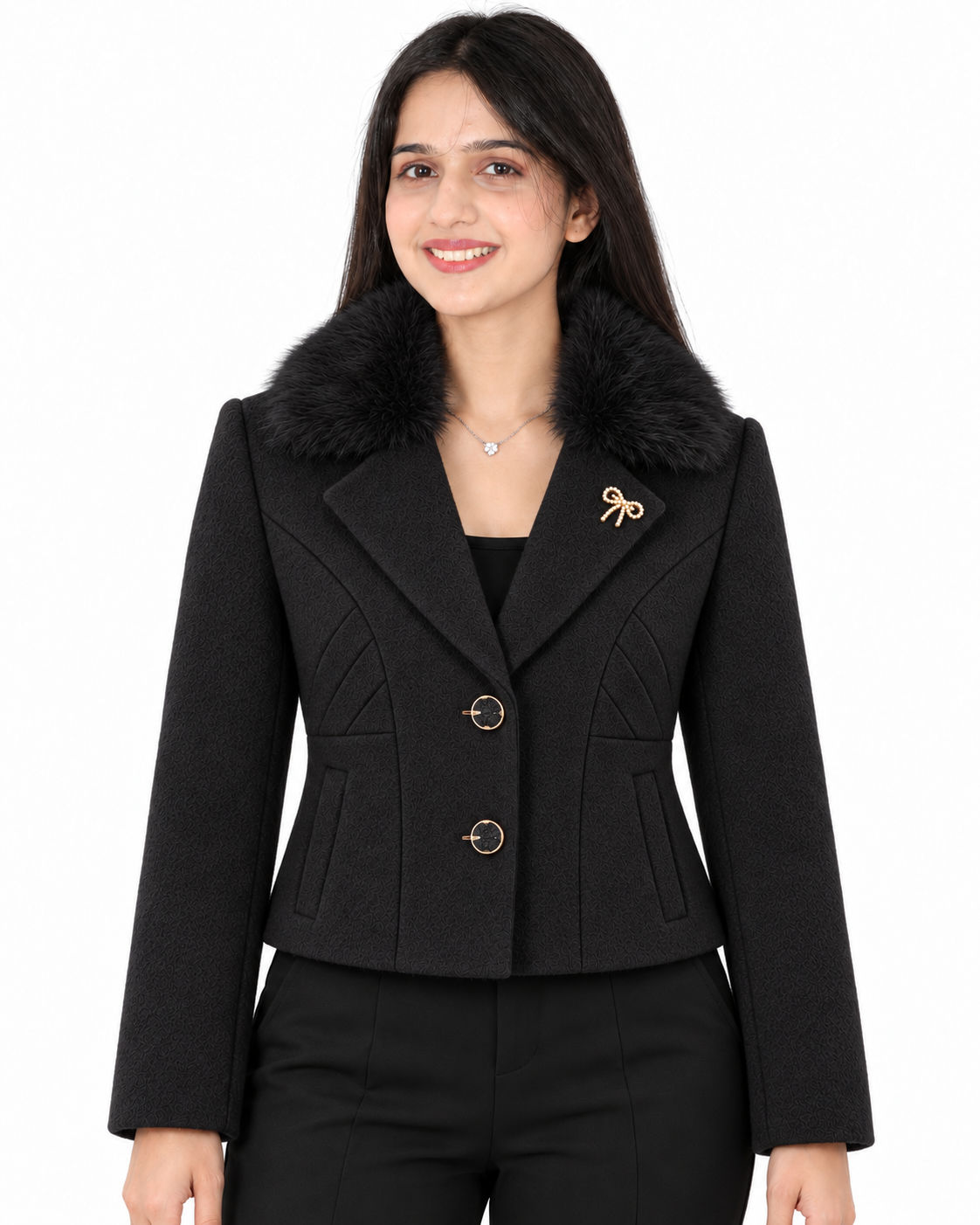 BRAVON women's Black fur-collar short coat front view