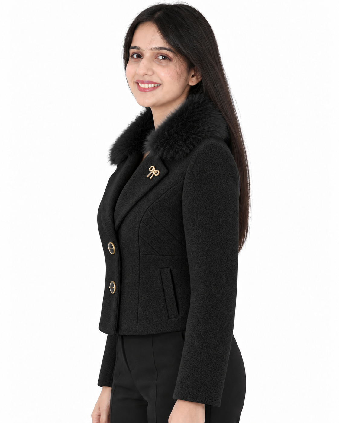 BRAVON women's Black fur-collar short coat side view