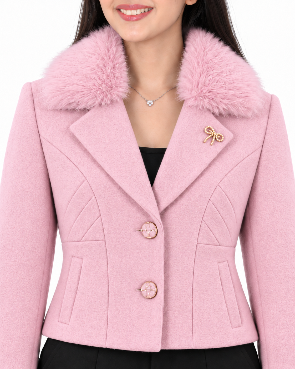 BRAVON women's Blush Pink fur-collar short coat detail view