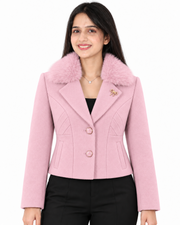 BRAVON women's blush pink fur-collar short coat front view