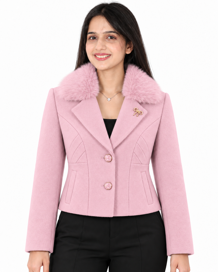 BRAVON women's blush pink fur-collar short coat front view