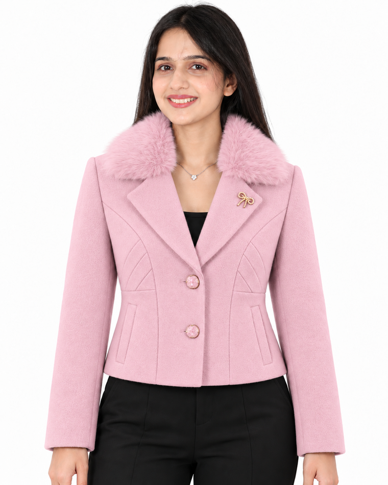 BRAVON Women's Textured Fur-Collar Short Coat