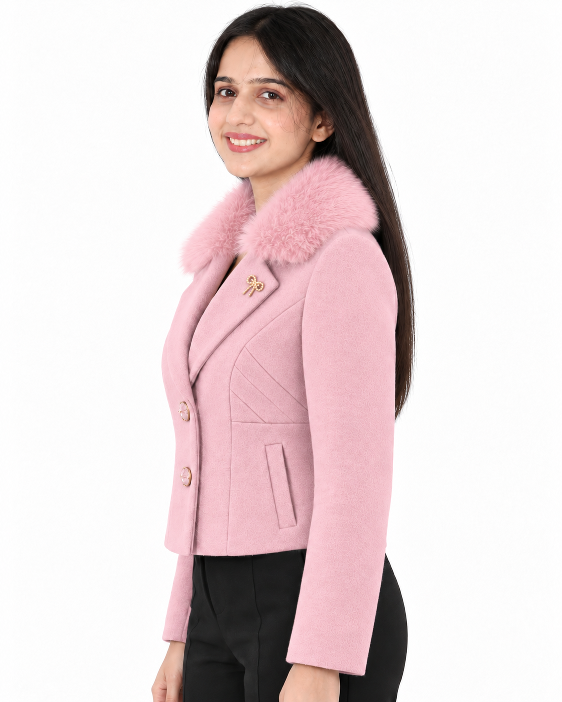 BRAVON women's Blush Pink fur-collar short coat side view
