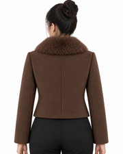 BRAVON women's Chocolate Brown fur-collar short coat back view