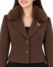 BRAVON women's Chocolate Brown fur-collar short coat detail view