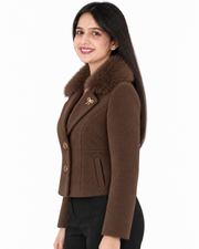 BRAVON women's Chocolate Brown fur-collar short coat side view