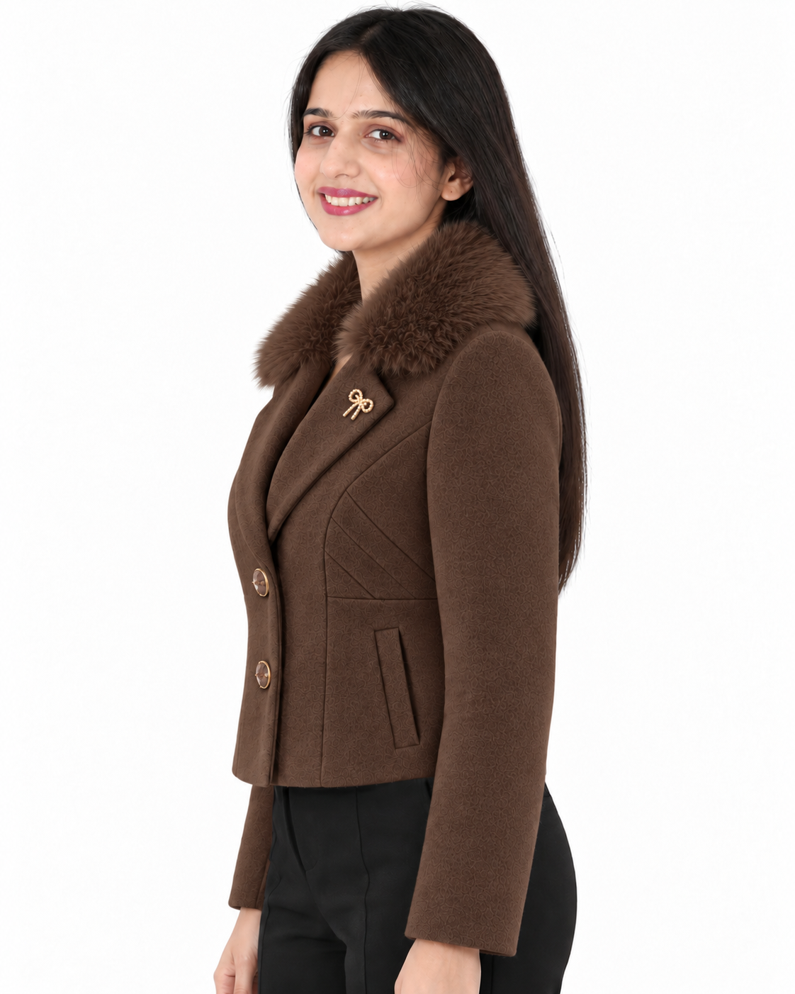 BRAVON women's Chocolate Brown fur-collar short coat side view