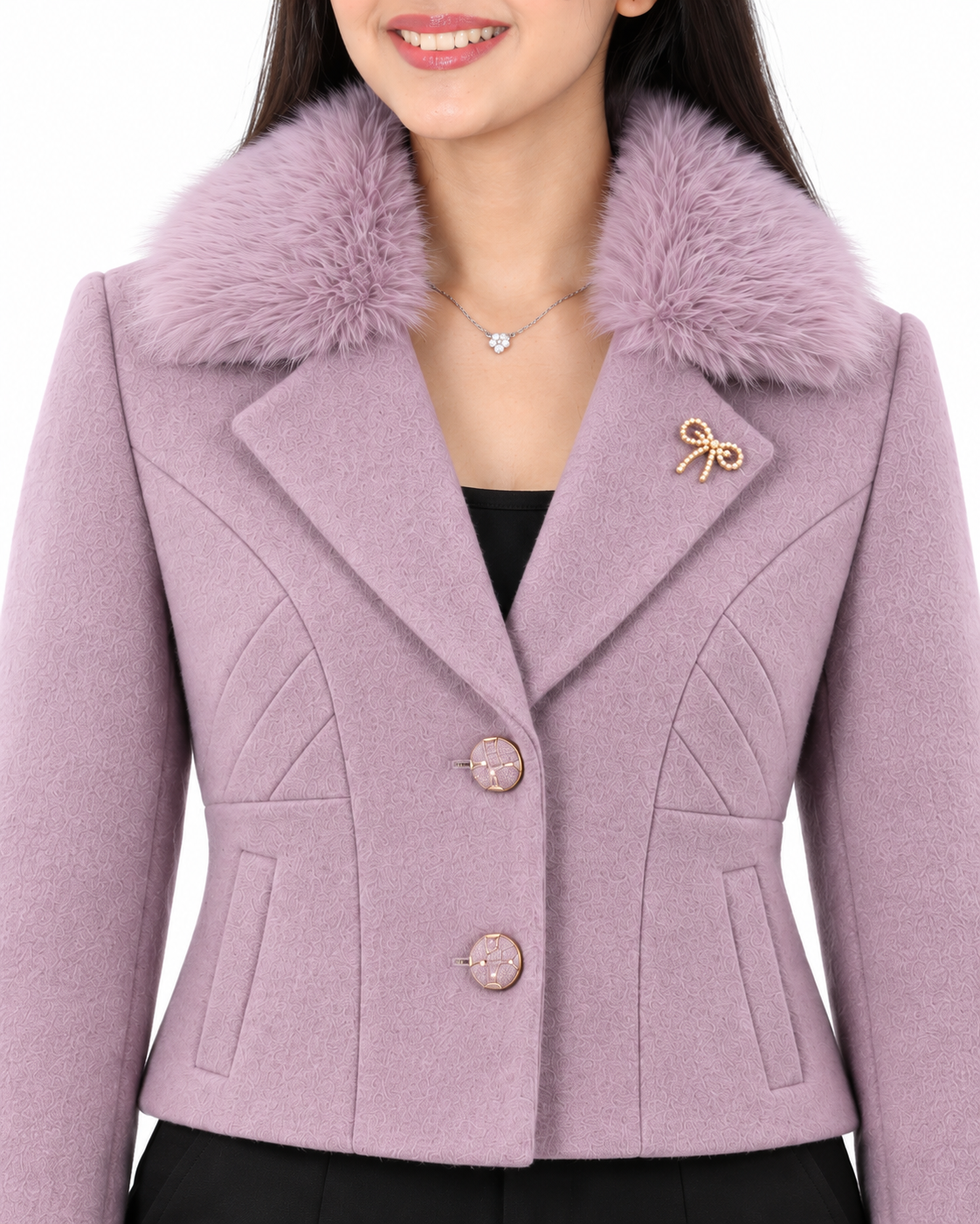 BRAVON women's Lavender fur-collar short coat detail view
