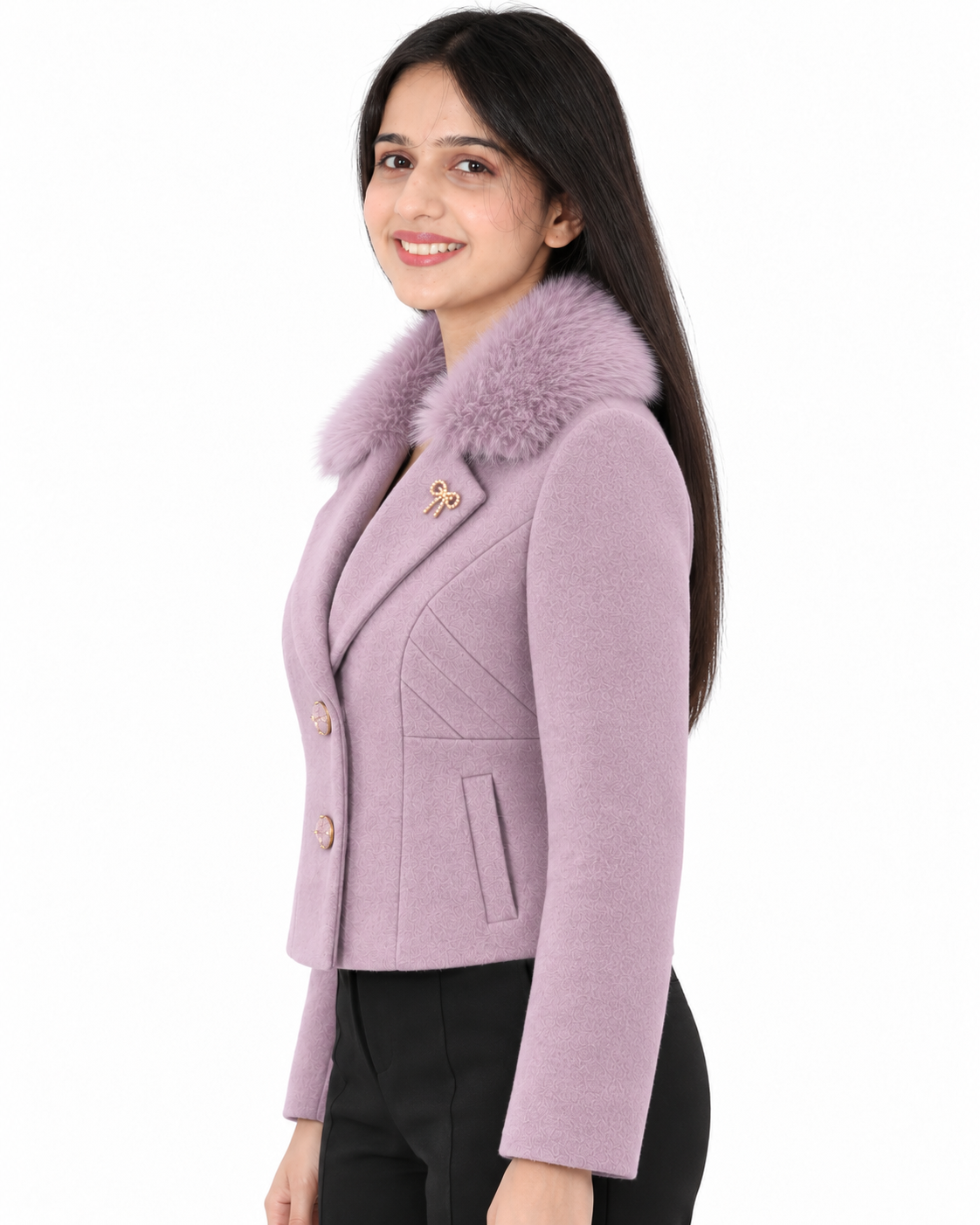 BRAVON women's Lavender fur-collar short coat side view