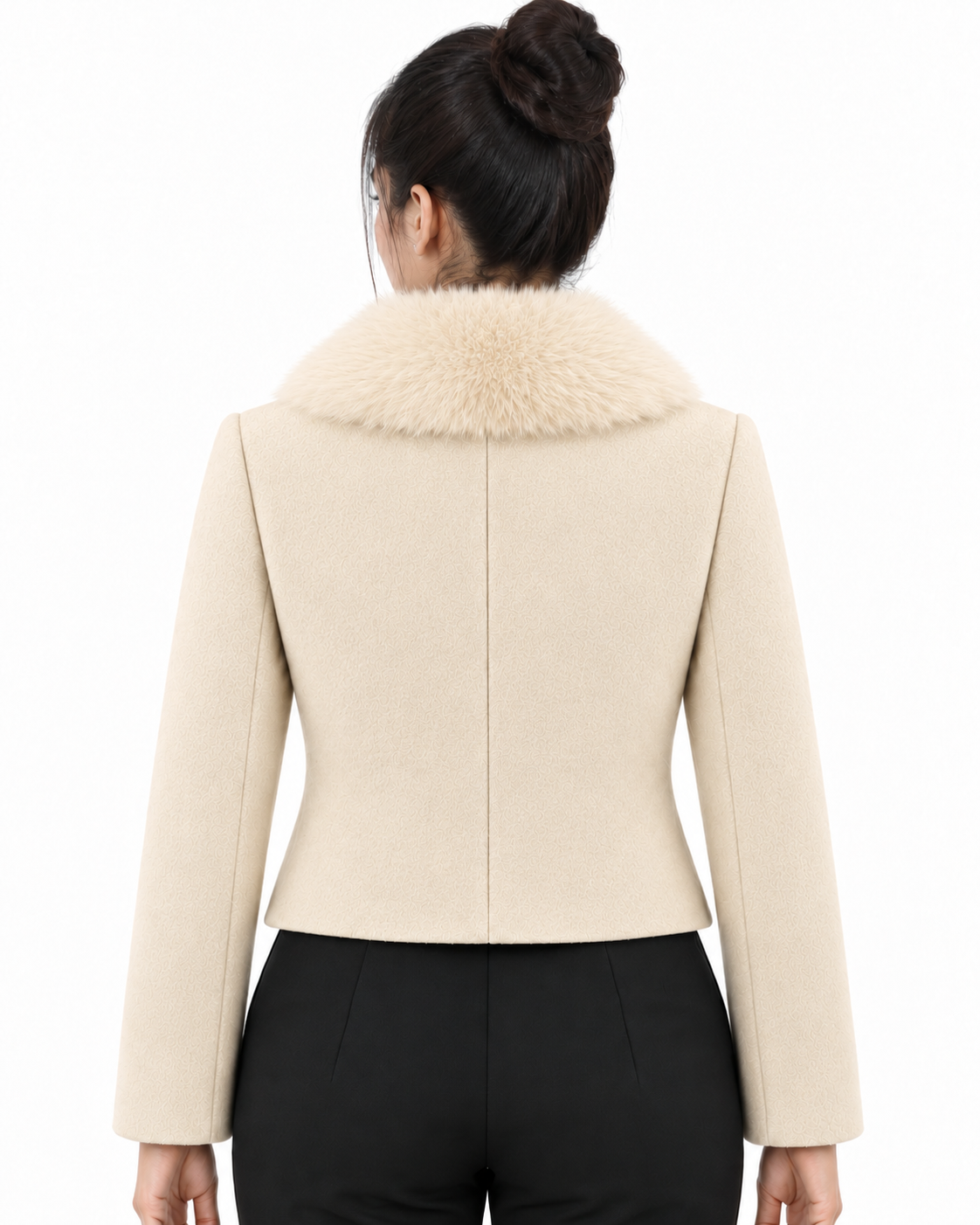 BRAVON women's Milky Cream fur-collar short coat back view