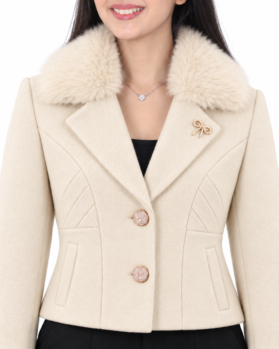BRAVON women's Milky Cream fur-collar short coat detail view