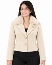 BRAVON women's Milky Cream fur-collar short coat front view