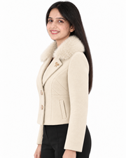 BRAVON women's Milky Cream fur-collar short coat side view