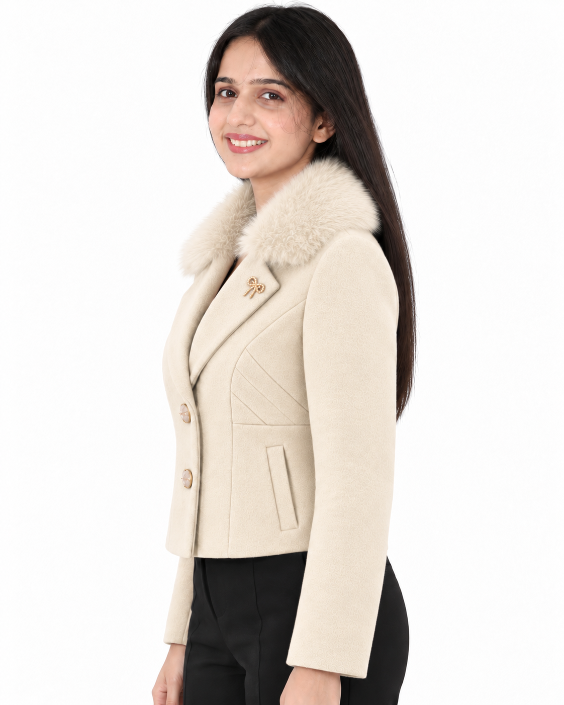 BRAVON women's Milky Cream fur-collar short coat side view