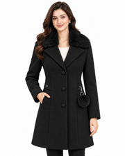 BRAVON Long Fur Collar Coat Black Front View