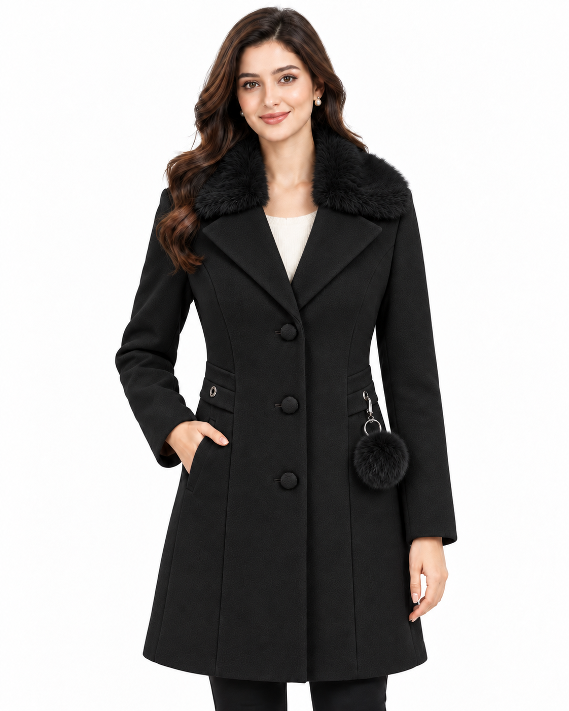 BRAVON Long Fur Collar Coat Black Front View