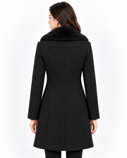 BRAVON Long Fur Collar Coat Black Back View